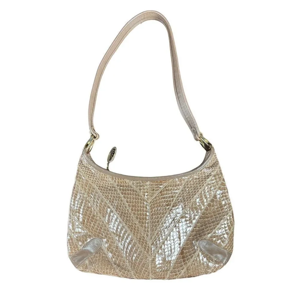 Vintage Venetto Purse Handbag Beige Leather Snake Skin Zip Closure Rare Classic